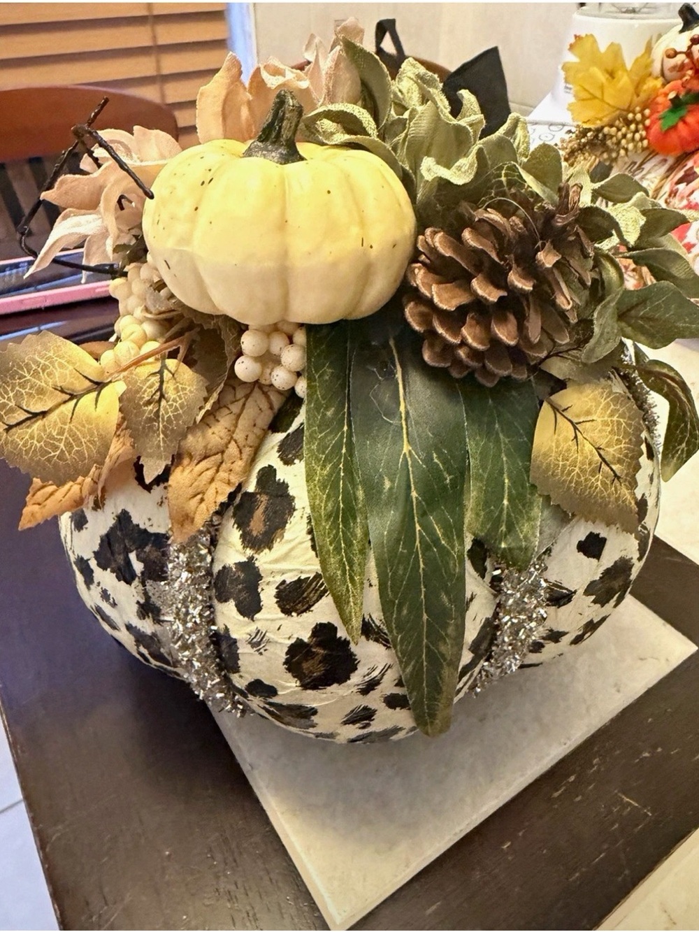 Leopard Print Pumpkin Thanksgiving Centerpiece w/ Sunflower & Pinecones